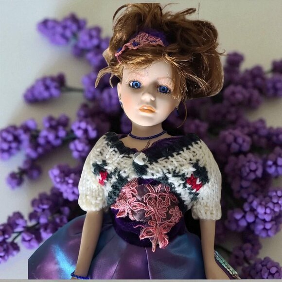 Elegant Porcelain Doll in Purple Dress & Matching Sweater Set - Picture 6 of 16